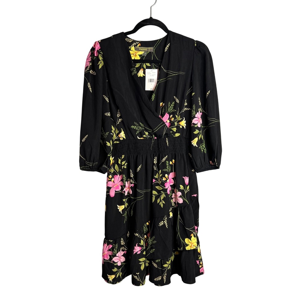 Melonie T Faux Wrap Dress Sz 6 Black Dark Floral Smocked Waist NWT